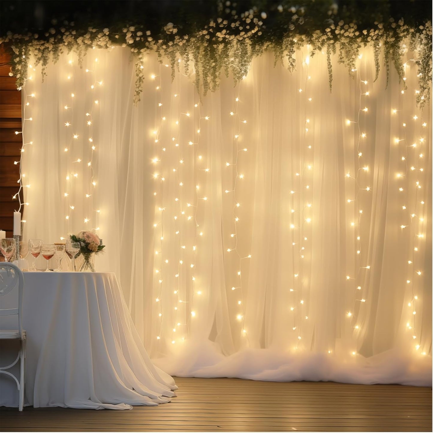 30×10ft Cream White Tulle Backdrop Curtain with Lights String for Parites, Sheer Photo Backdrop Curtains for Wedding Party Photography Background