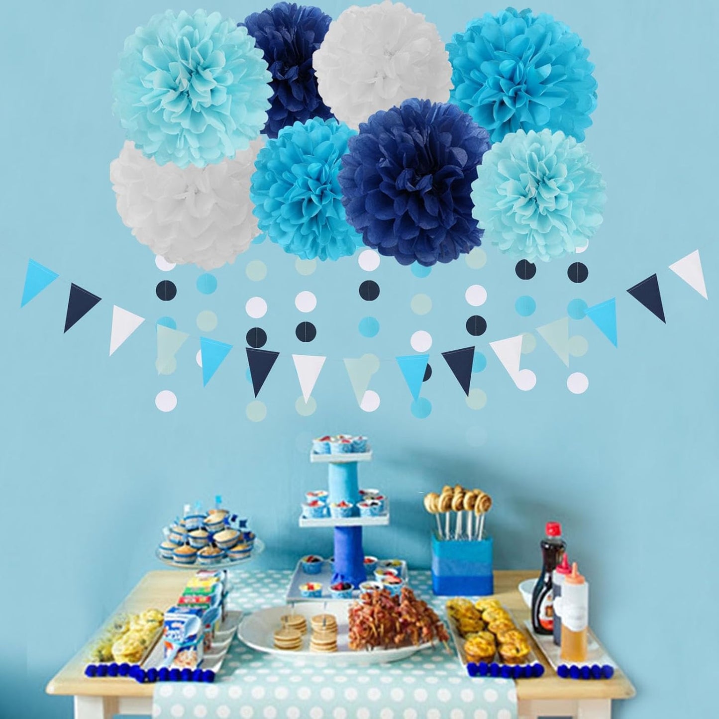 Light-Royal Navy-Blue White Pom-Poms Streamers - 30pcs Under The Sea Frozen Party-Decorations,Birthday Baby Shower Tissue Tassel Garland Banner, Bridal Wedding Engagement Decor Lasting Surprise