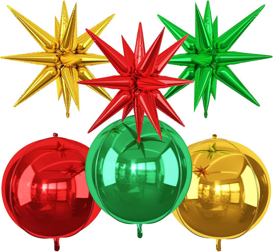 6Pcs Red Green Gold Foil Balloons,22Inch Green Red Gold 4D Round Ball Balloon and Explosion Star Balloon for Christmas Birthday Wedding Baby Shower Anniversary Party Decorations