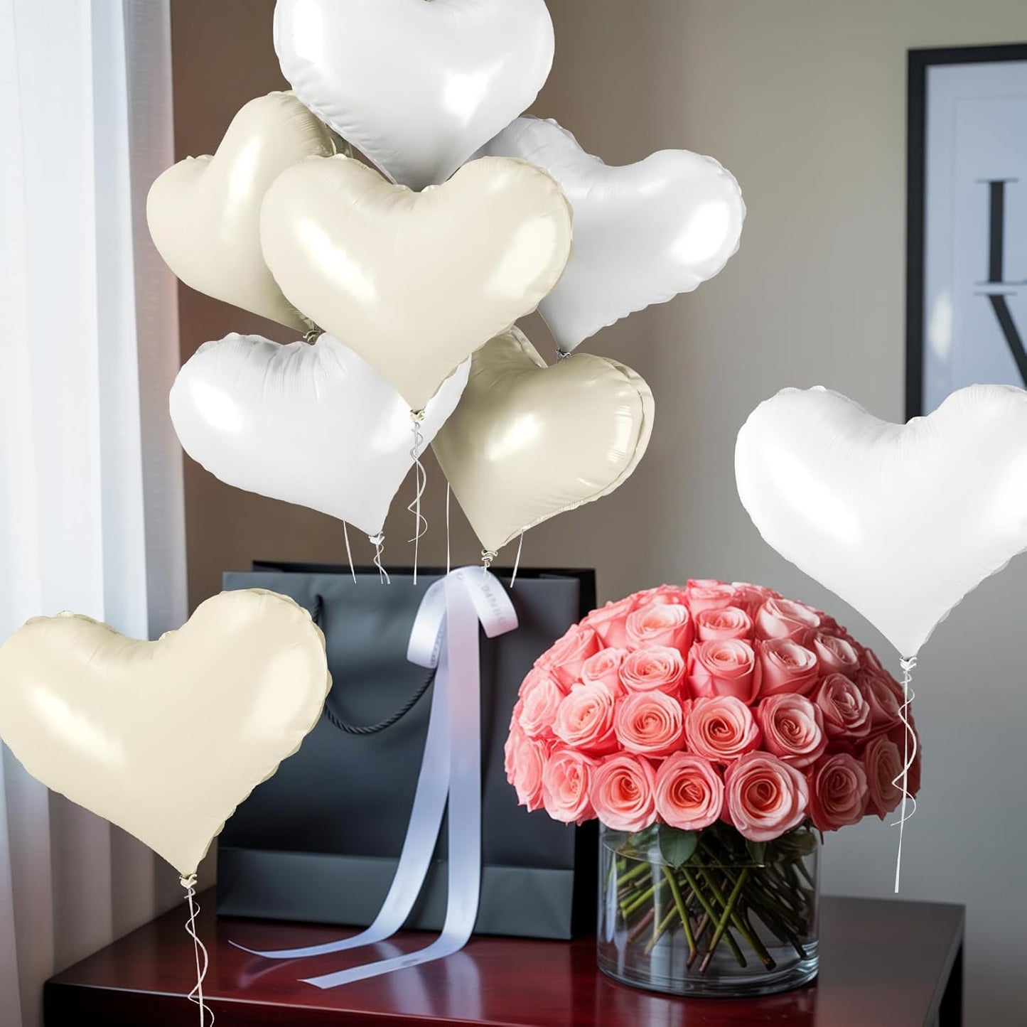 24 Inch Cream and White Heart Balloons, Cream Heart Shaped Foil Balloons, White Helium Balloon for Boho Neutral Valentines Day Bridal Shower Anniversary Wedding Birthday Party Decorations