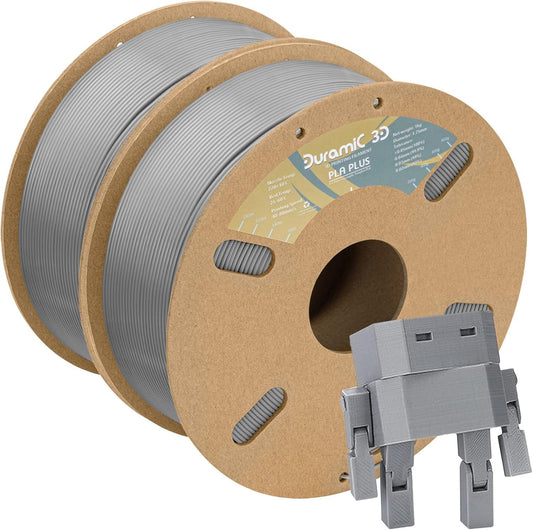 DURAMIC 3D PLA+ Filament 1.75mm 2Kg Grey, PLA Plus Filament 2 Pack 1kg Spool(2.2lbs) Tougher and Stronger, Dimensional Accuracy Probability +/- 0.02mm