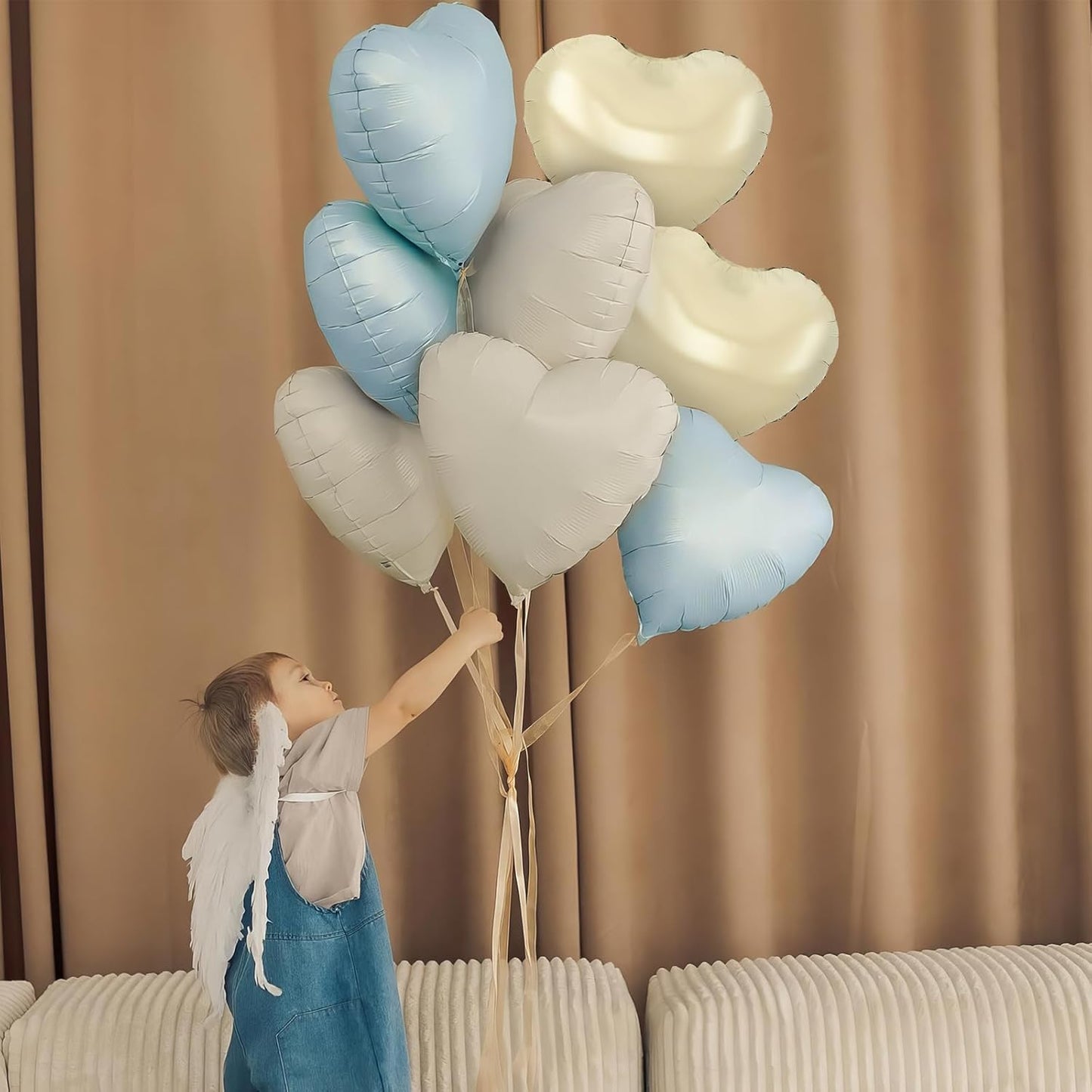 Blue White Heart Balloons,12Pcs Light Gold Baby Blue Heart Shaped Foil Balloons,18Inch Cream White Helium Balloon for Baby Shower Birthday Anniversary Wedding Party Decorations