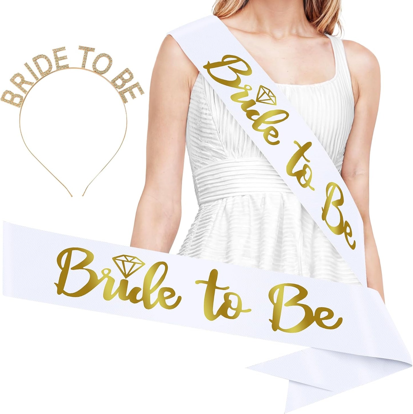 KatchOn, Gold Bride To Be Sash and Headband - Pack of 2 | Bachelorette Sash and Crown for Gold Bachelorette Party Decorations | Bride sash for Bridal Shower Decorations