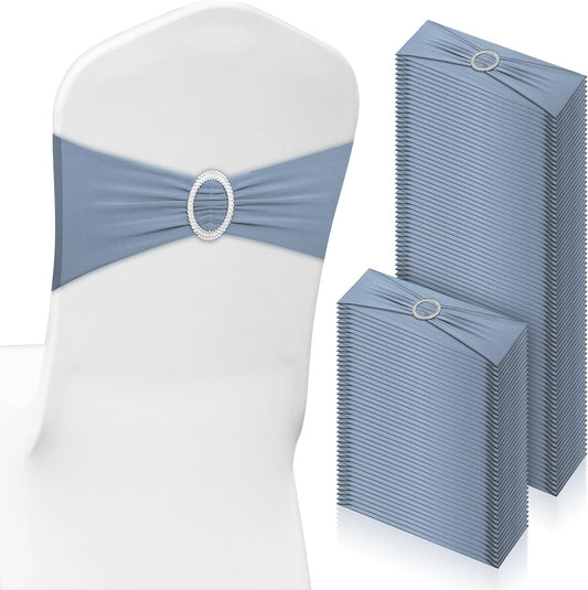 CHENGU 150 Pieces Spandex Stretch Chair Sashes Bows Elastic Chair Cover Bands Ties with Buckle Slider for Wedding Party Reception Events Universal Ceremony Banquet Decorations(Dusty Blue)