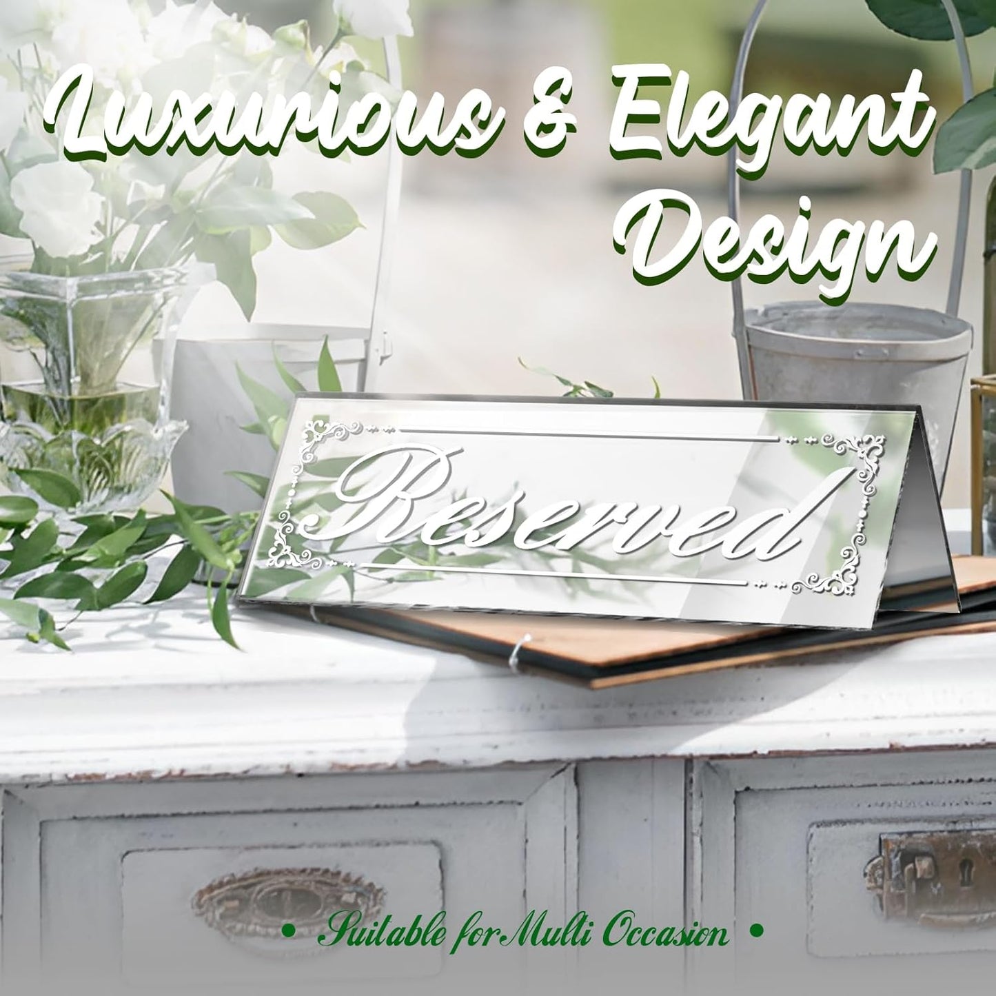 12 Pcs 6" x 2" Silver Reserved Table Signs, Mirrored Double Sided Table Tent Signs with Suede Cloth, Reservation Seat Indicators for Wedding Restaurant Party