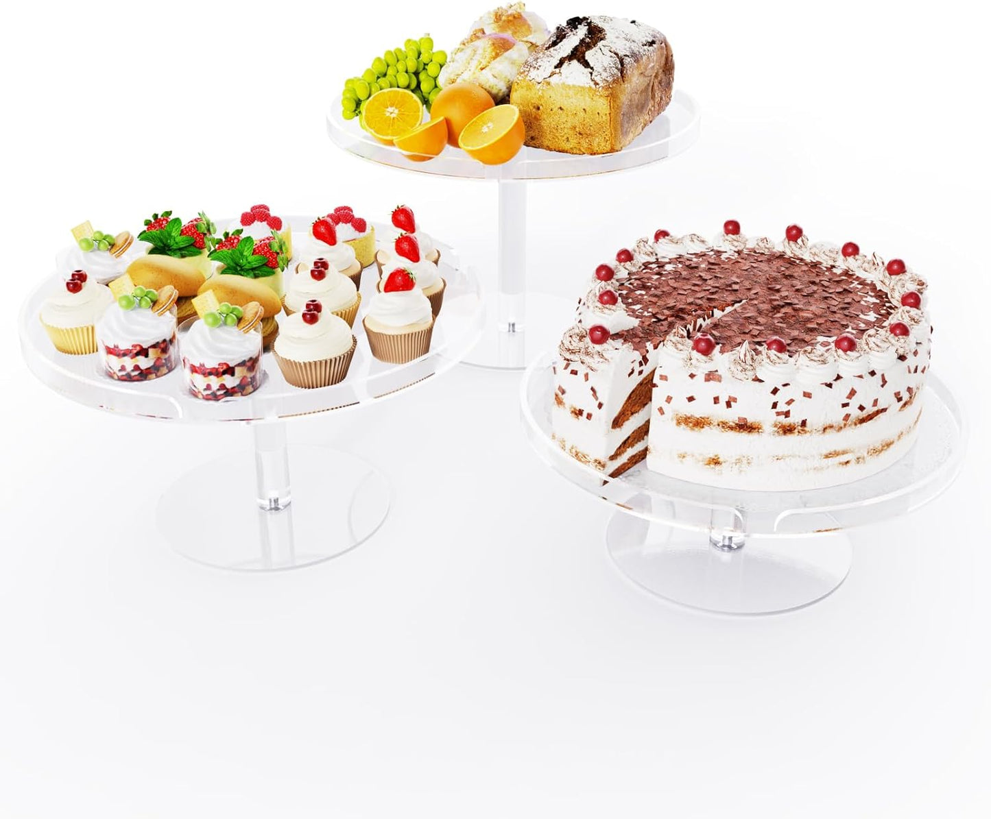 Acrylic Cupcake Stand, Clear Dessert Dessert Table Display Set, Cupcake Tower Holder Display with Base for Wedding, Party, Baby Shower, 3 Set Round, Transparent