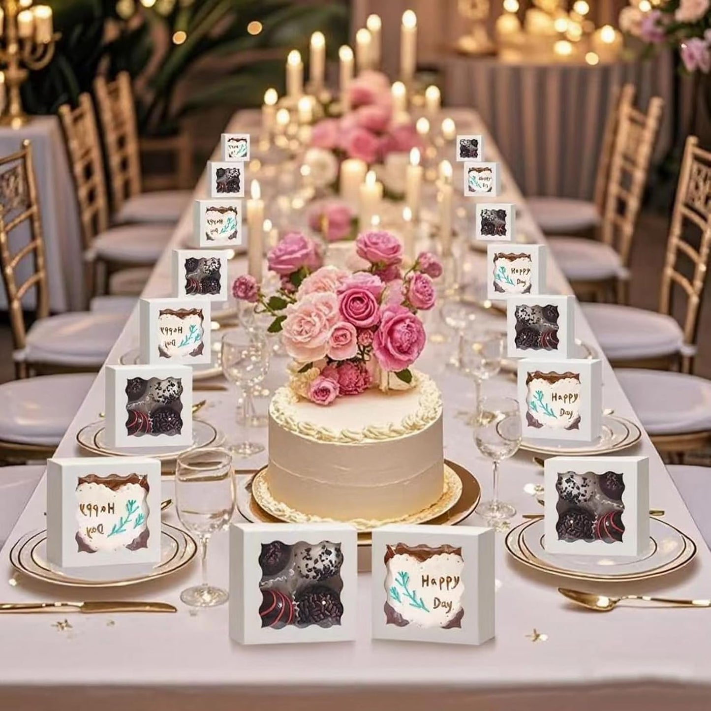 RomanticBaking 3.2" x 3.2" x 1.5" 100PCS Cookies, Soap, Chocolate Truffle, Donut, Macaron, Mini Bakery Boxes with Window