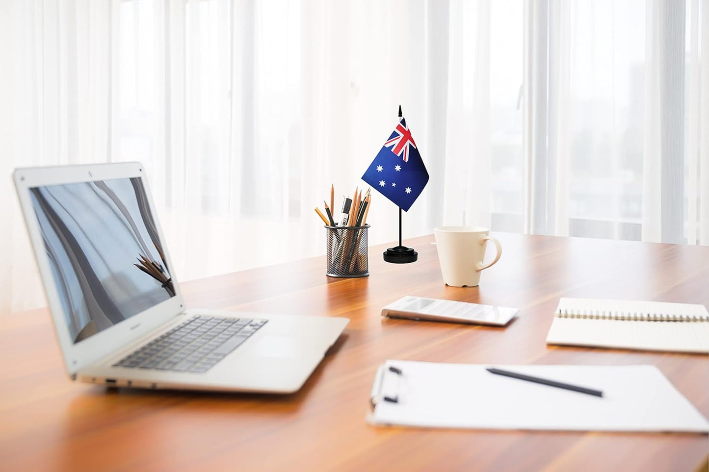 Australia Australian Deluxe Desk Flag Set Small Mini Miniature Australia Australian Table Desktop Flags With Solid Pole, Black Base and Spear Top(2 Pack)