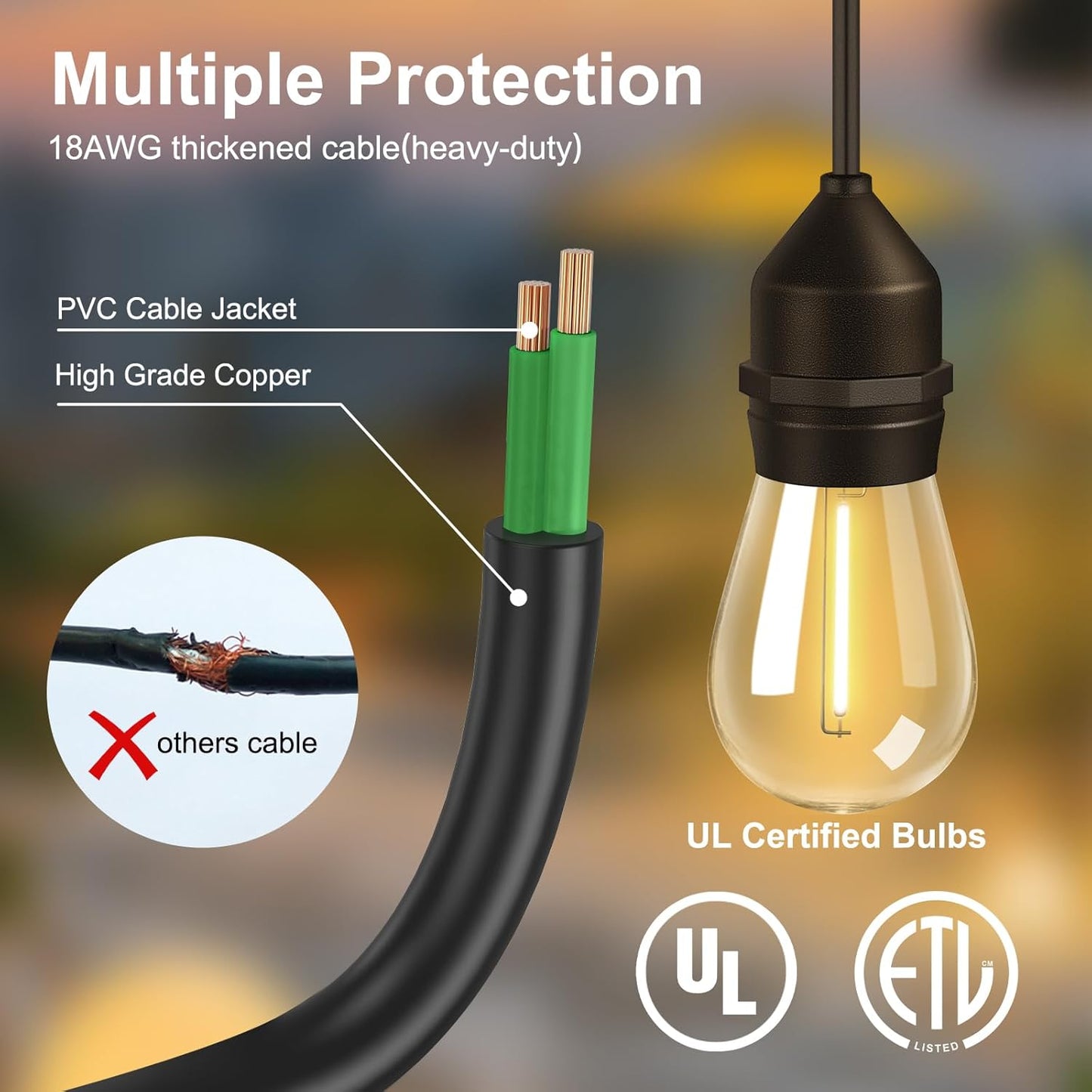 50FT Outdoor String Lights with 32+2 Bulbs (1.5FT Bulbs Spacing), Remote & Dimmer, Commercial Patio String Lights with 3 Mode Light & Timing, IP65 Waterproof, 50PC Mounting Ties for Outside