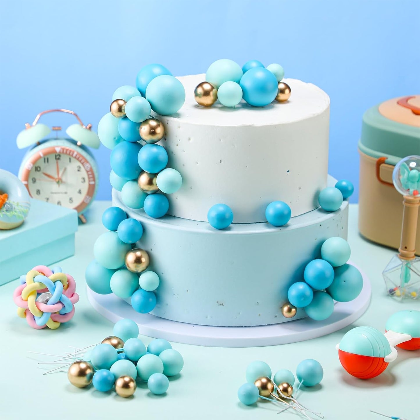 Tondiamo 108 Pcs Balls Cake Topper DIY Cupcake Insert Foam Balloons for Cake Baking Wedding Anniversary Birthday Decoration (Blue Gold,Multi Sizes)