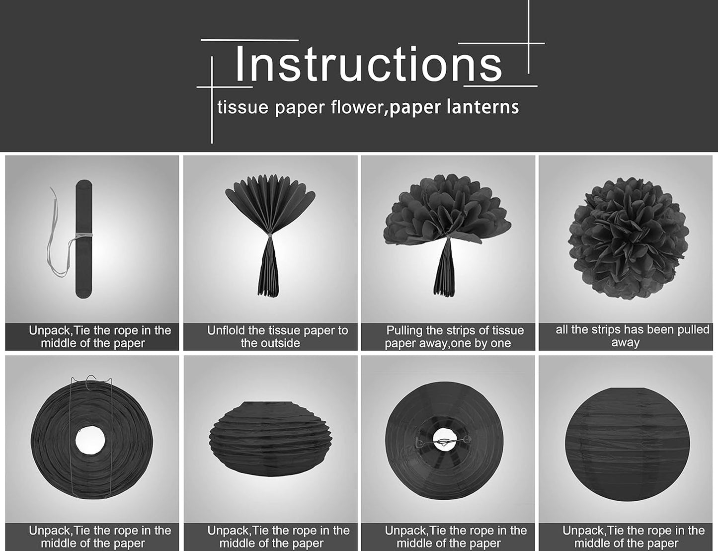 Black Silver Gold Party Decorations - 15Pcs Paper Flowers Tissue Pom Poms Paper Lanterns Graduation Hanging Decor Retirement Decoration 50th 80th 90th Men Birthday Anniversary HongTongTong