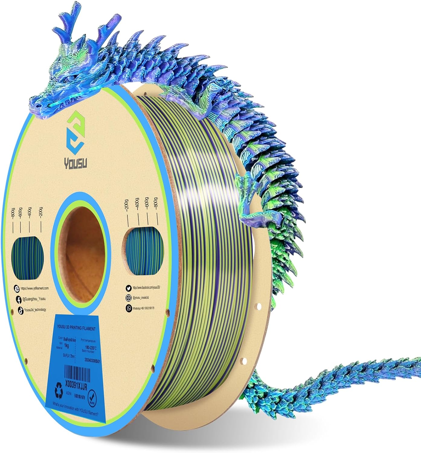 YOUSU 3D Printer Filament, Tri-Colors PLA Filament 1.75mm, Coextrusion Silk PLA Filament, Rainbow PLA Filament with Silk PLA Blue-Purple-Yellow, 3D Printing Filament +/-0.02mm, 1kg/2.2lbs