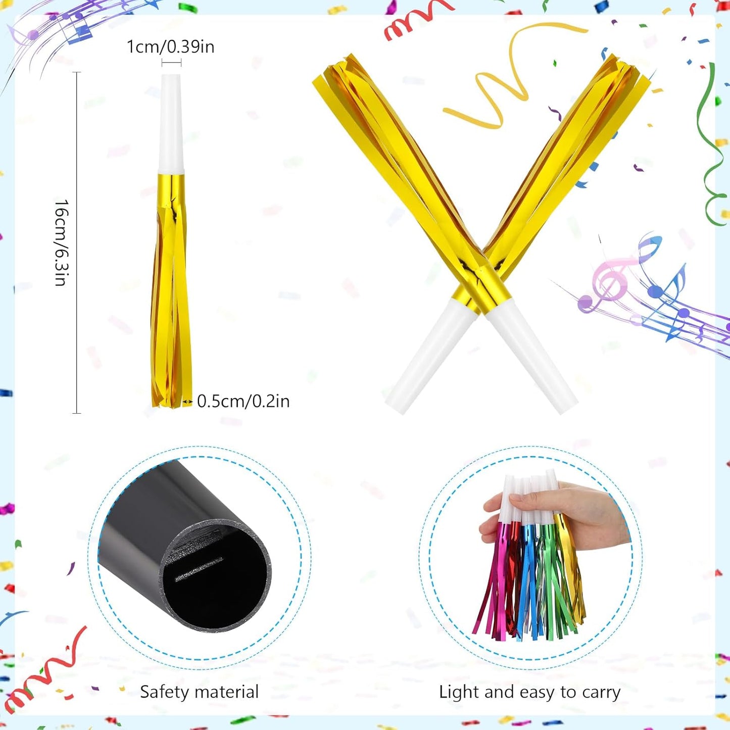 24 Pcs Gold Noise Makers Glitter Metallic Fringed Noise Makers Horns for Baby Shower, Kids Birthday, Wedding Party, New Year Party Favor