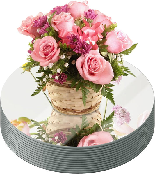 JAMBALAY 8" Round Mirror Centerpieces for Tables, Set of 12 Glass Mirror Table Centerpieces, Circle Glass Mirror Trays, Mirror Candle Plates for Wedding Decorations and Party