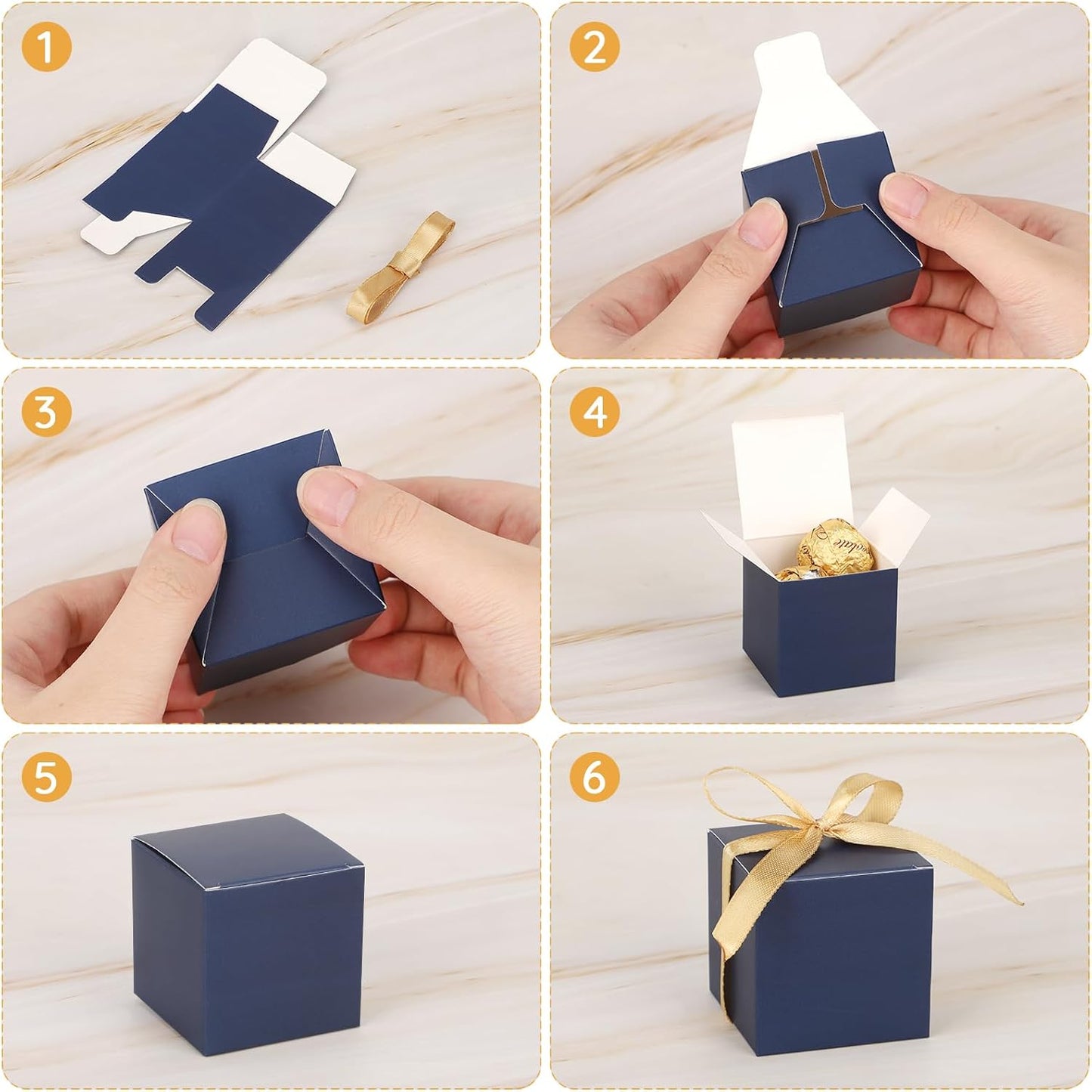 EUSOAR Favor Boxes, 120pcs 2x2x2 Inches Royal Blue Small Treat Boxes Mini Cookies Container with Gold Ribbon, Paper Cube Macaron Candy Box Soap Storage for Wedding Birthday Party DIY Supplies