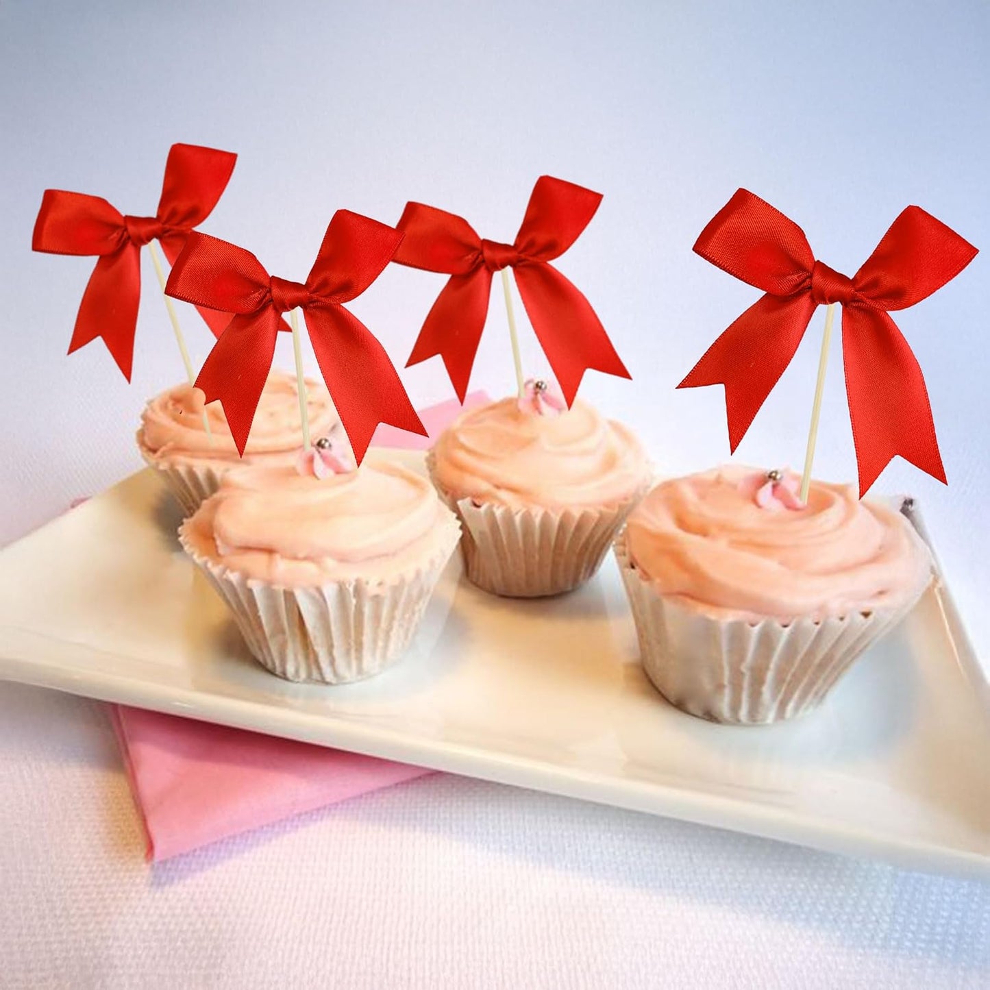 Ephlyn 24Pcs Red Bow Cupcake Toppers Bow Cake Topper Birthday Decorations Mini Bowknot Cupcake Picks for Coquette Theme Party Decoration Bachelorette Bridal Engagement Wedding Party Red