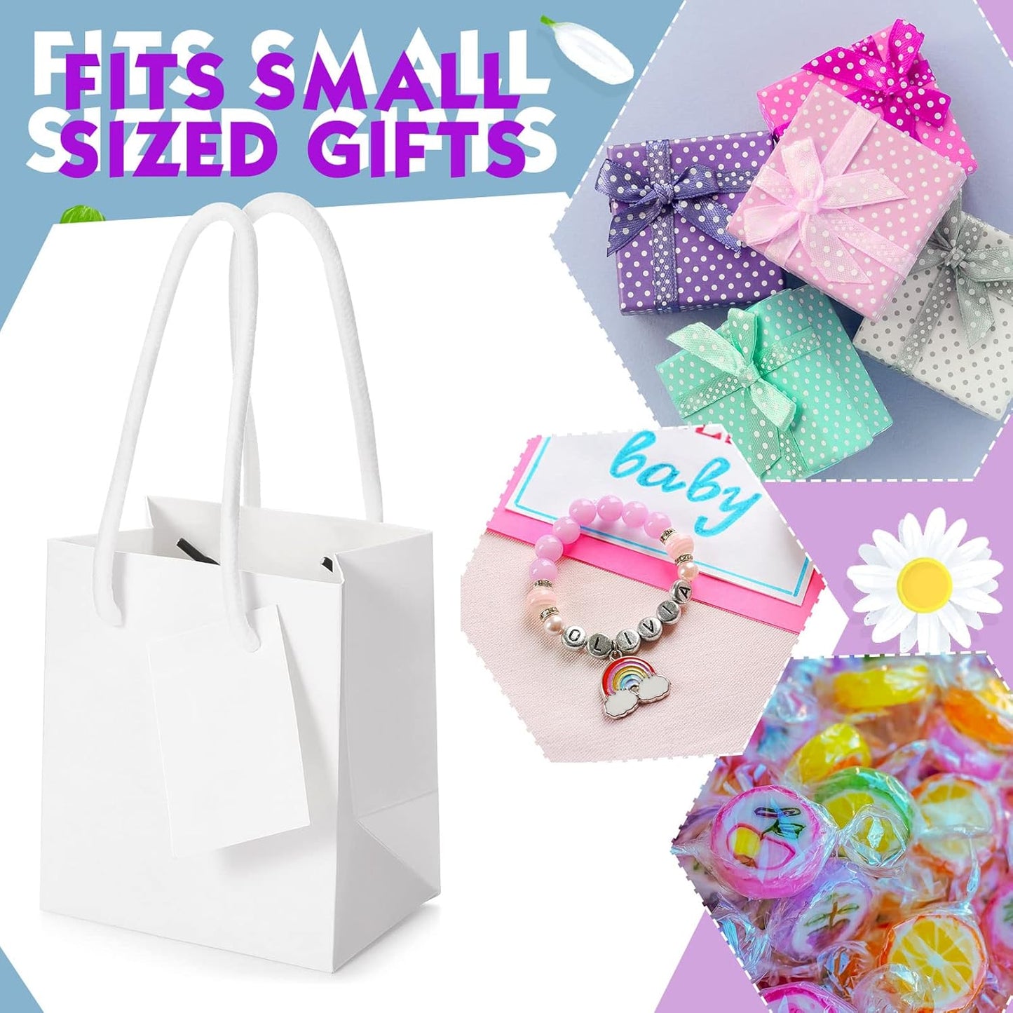 Sherr 100 Pack Mini Gift Bags Bulk, 4 x 2.75 x 4.5 Inches Paper Bags with Tags, Extra Small Paper Gift Boxes with Handles for Birthday, Party Favors, Weddings, Small Business(White)