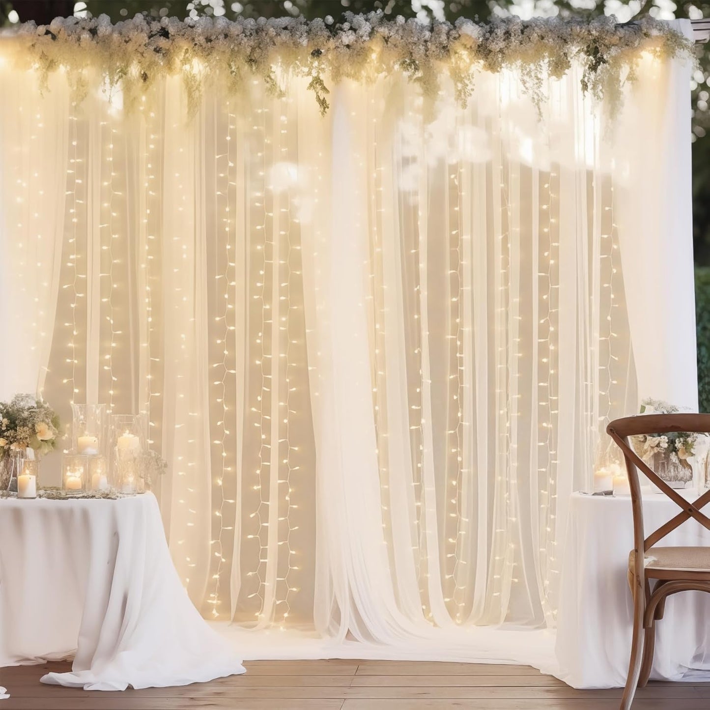 10×10ft White Tulle Backdrop Curtain with Lights String for Parites, Sheer Curtain Backdrop Drapes for Wedding Party Home Decorations