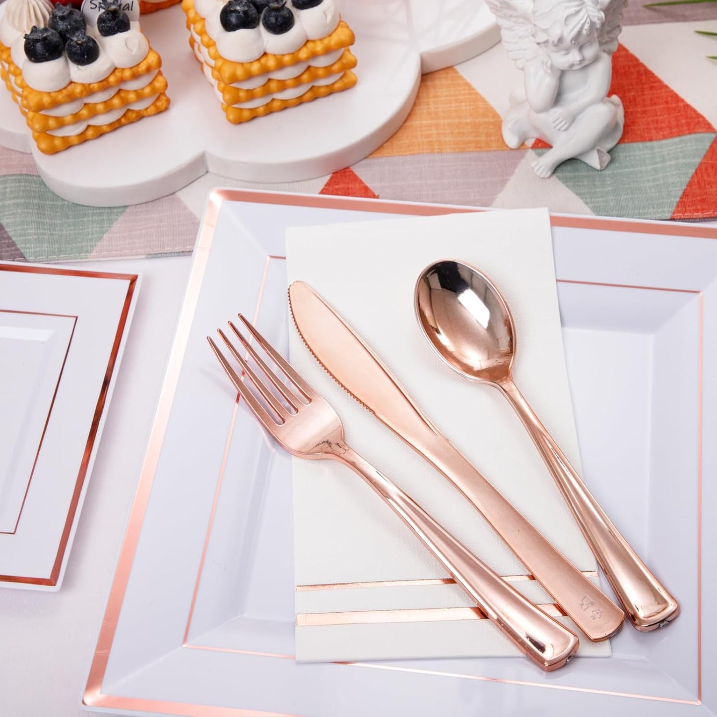 Festiva 350Pcs Rose Gold Plates and Napkins Party Supplies-Square White and Rose Gold Disposable Dinnerware include Plates Cups Cutlery Napkins for 50 Guests Wedding &Party&Mother's Day