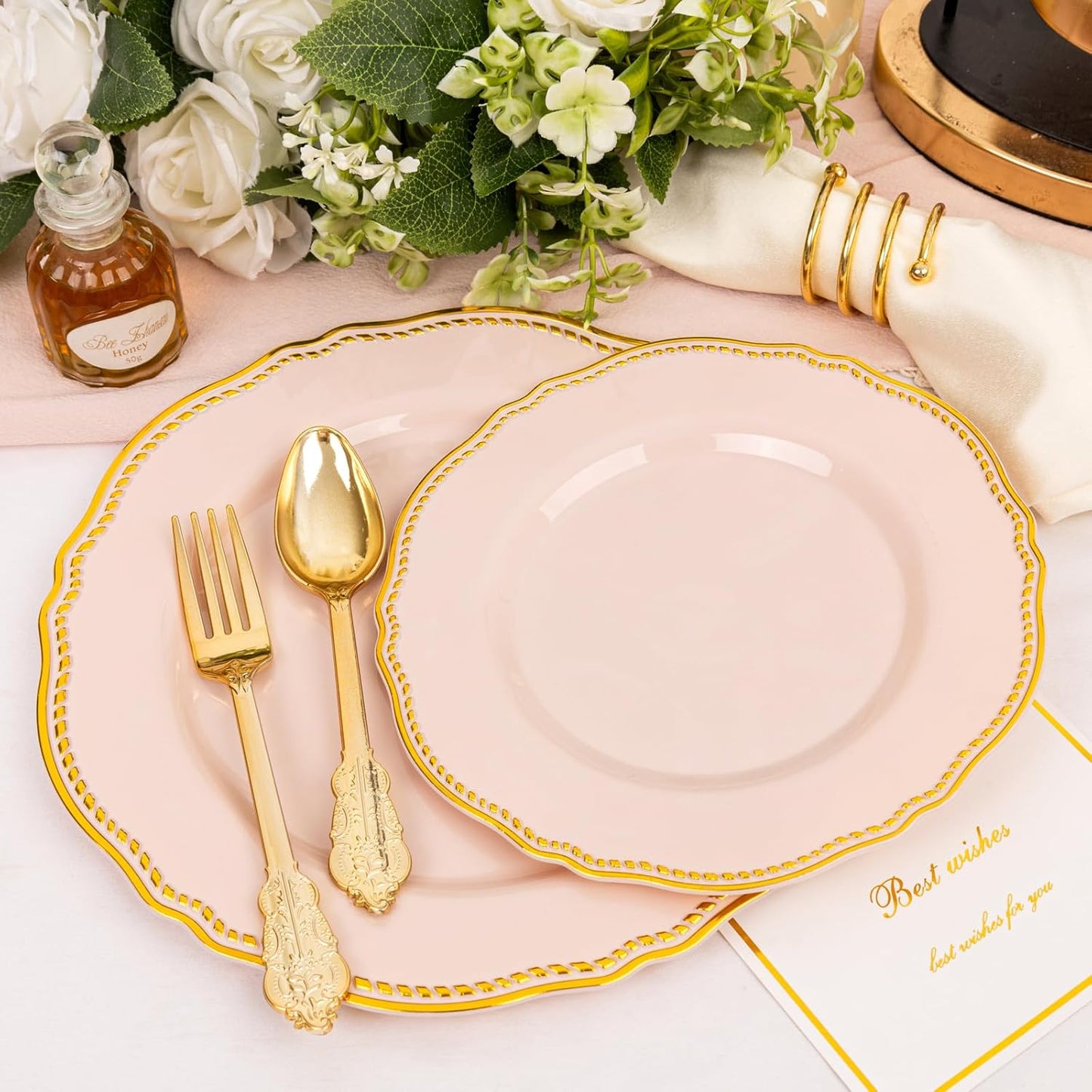 Hioasis 60pcs Pink Plastic Plates - Pink and Gold Disposable Dinnerware with Gold Rim, Heavy-duty, 7.5 inch, Dessert Plates for Party & Wedding