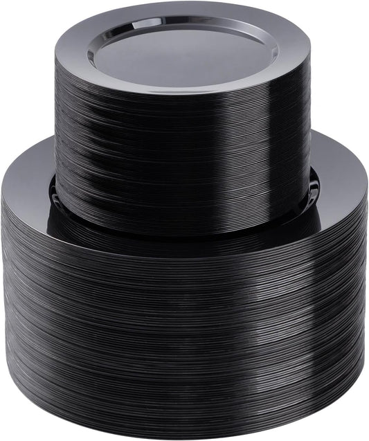 200PCS Black Plastic Plates Set, 100 10.25 inch Dinner Plates and 100 7.5 inch Dessert Plates, Premium Disposable Plates for Party, Wedding,Halloween