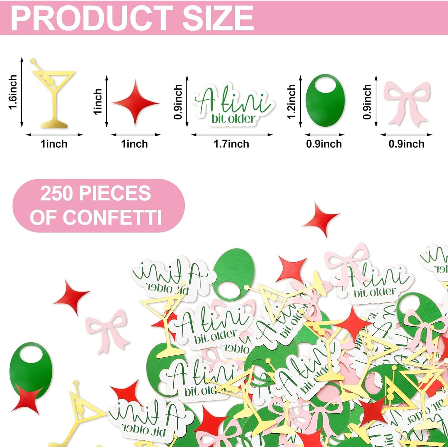250Pcs A Tini Bit Older Party Decoration Martini Olive Bow Table Confetti 5 Designs Paper Scatter Sprinkle Confetti for Birthday Bach Party Cocktail Decor