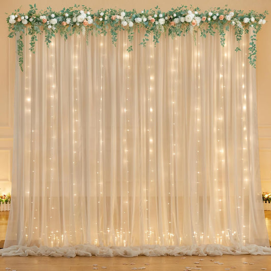 10ft x 7ft Champagne Chiffon Backdrop Curtain with Lights String for Parites Wedding Wrinkle Free Curtain Photo Backdrops Drapes for Baby Shower Birthday Party Home Decorations