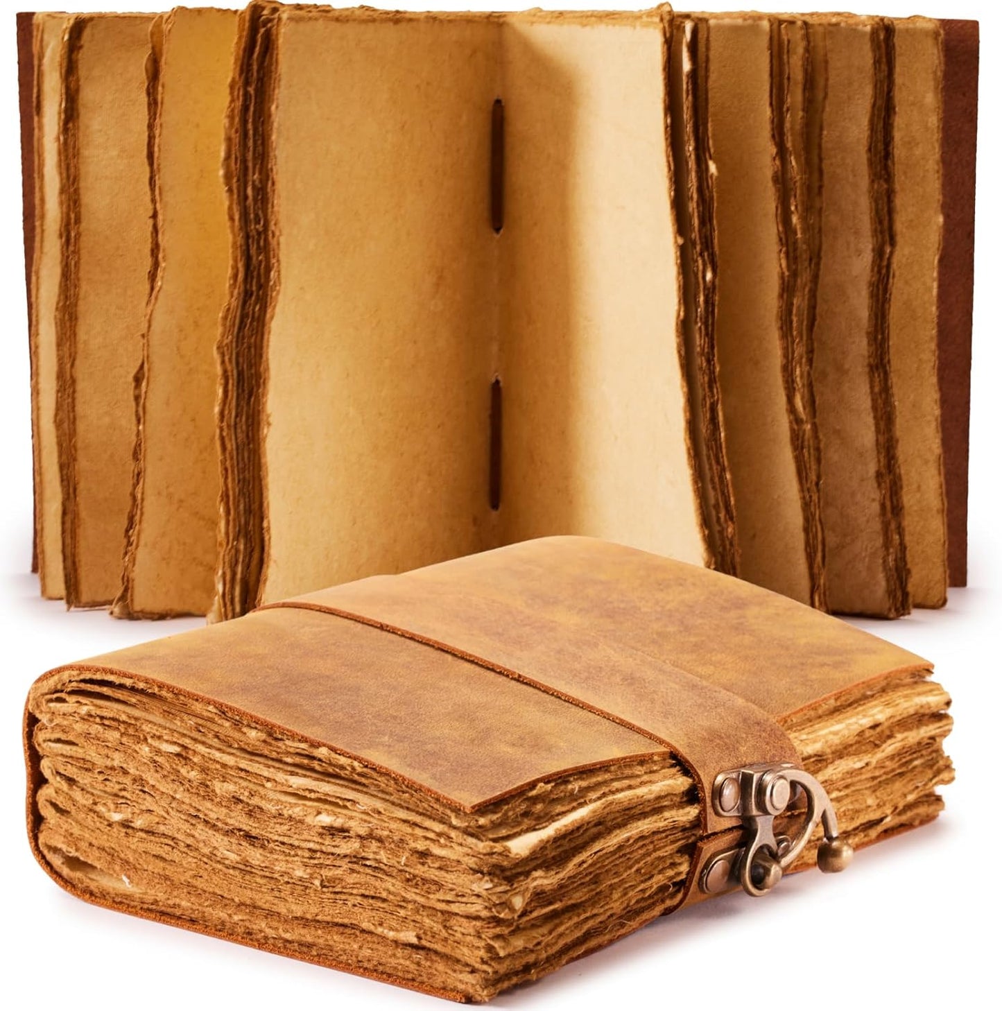 NomadCraftsCo. Vintage Leather Journal - Lock Closure, Book of Shadows, Grimoire, Witch Journal, 240 pages Antique Deckle Edge Paper