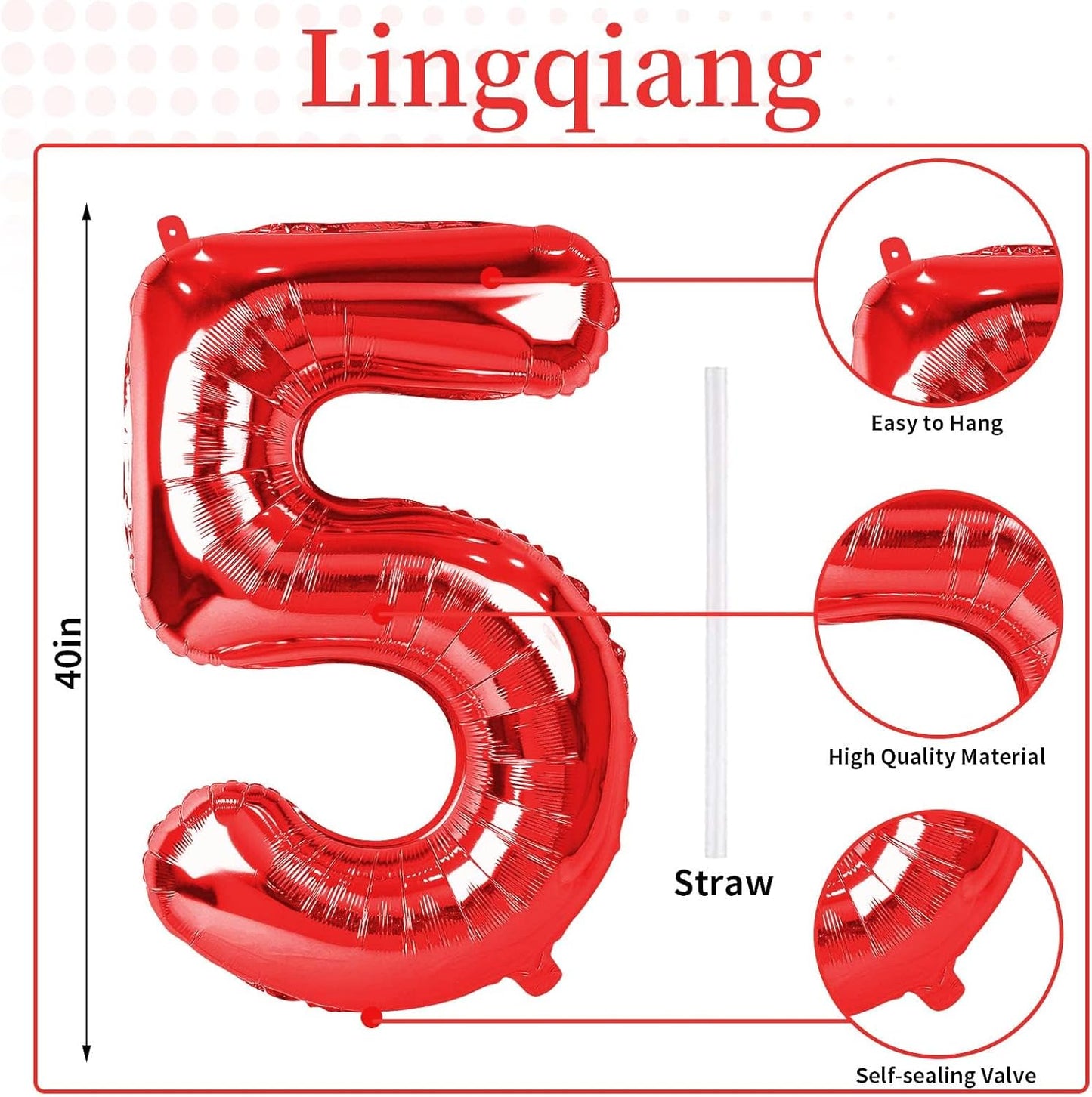 40 Inch Red Large Numbers Balloons 0-9, Self Inflating Foil Number 5 Helium Balloons for 5th Boys Girls, Big Digit 5 Balloons for Women Men Birthday Party Anniversary Graduation Supplies Decorations