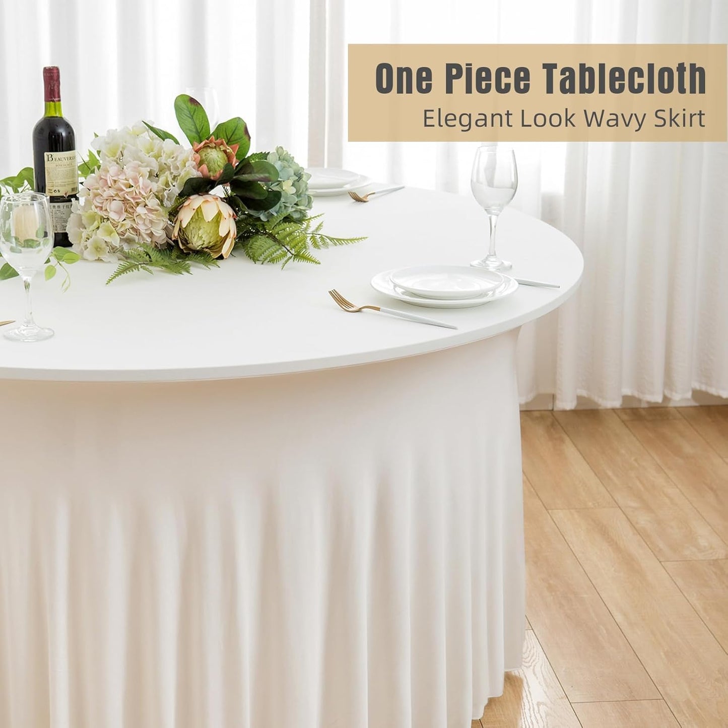 2 Pack Ivory Spandex Round Tablecloths for 60 inch Tables, Wrinkle Free Stretchy Fitted 120inch Round Table Covers 5FT with Ruffle Table Skirt for Wedding Party Dining Banquet Dinning
