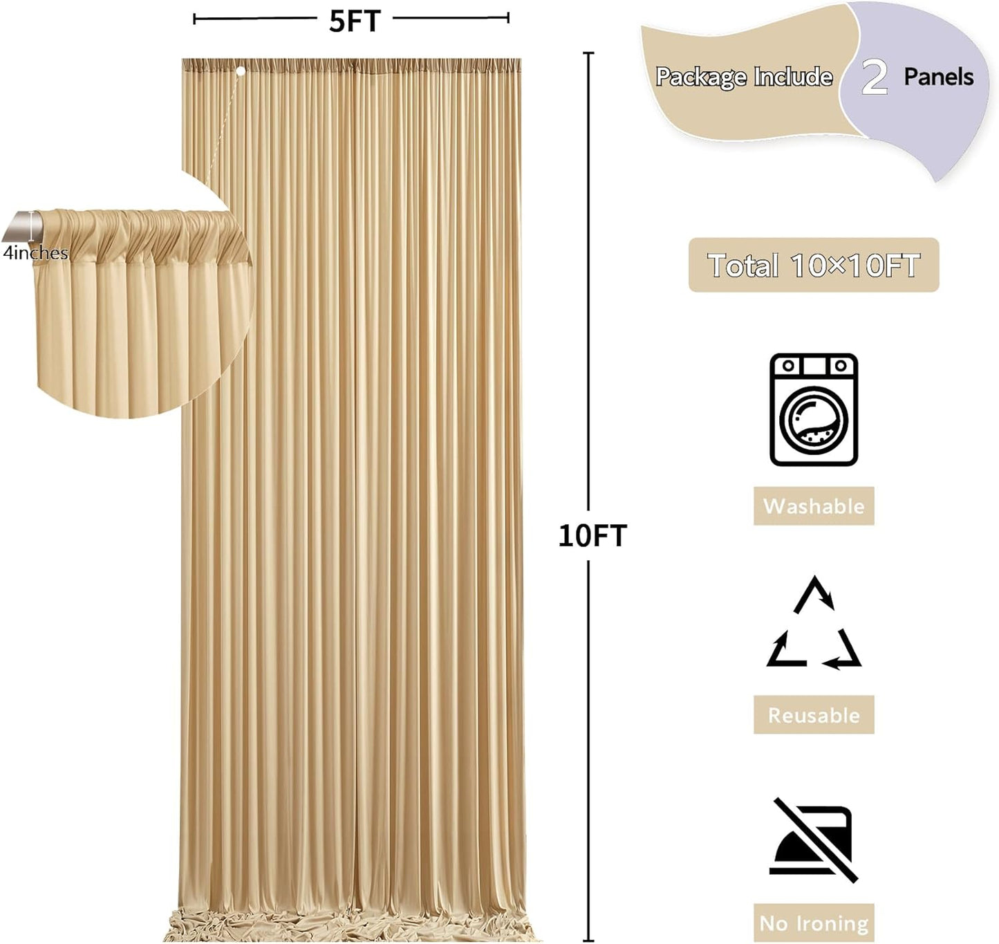 10ft x 10ft Wrinkle Free Beige Backdrop Curtain for Wedding Parties, Thick Polyester Photo Backdrop Drapes for Baby Shower Engagement Birthday Party Backdrop Stand,5ft x 10ft 2 Panels