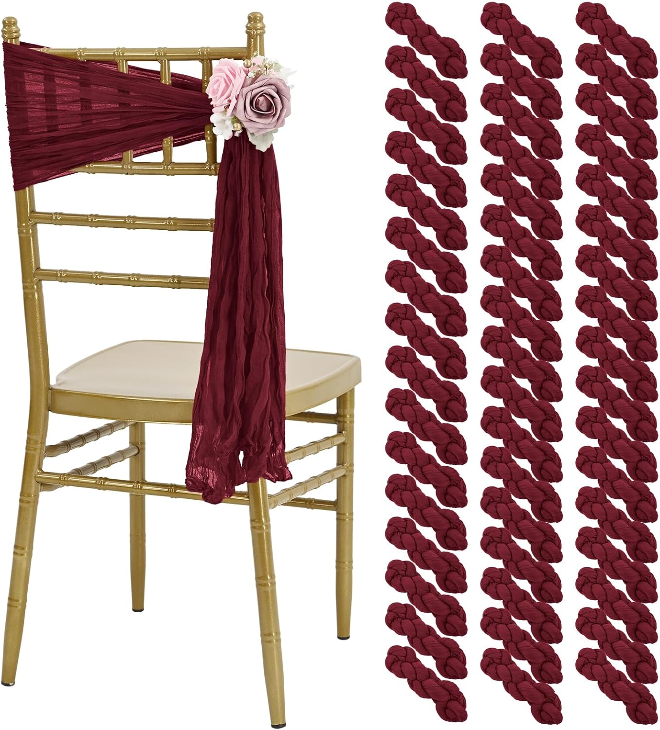 50 PCS Cheesecloth Chair Sashes, Bows Designed ChairSashes, 15.7x70 inch Chair Sashes for Aisle Decorations Universal Chairs Cover Decoration for Wedding Reception Party Banquet (Burgundy)