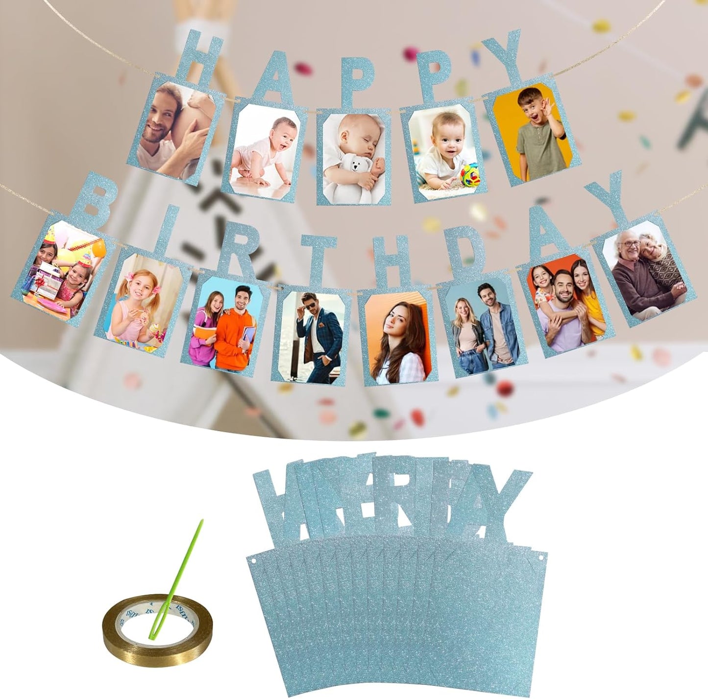 Birthday Photo Banner, Suitable for Kids and Adults Birthday Party Decoration, Annual Milestone Blue Happy Birthday Banner (blue)