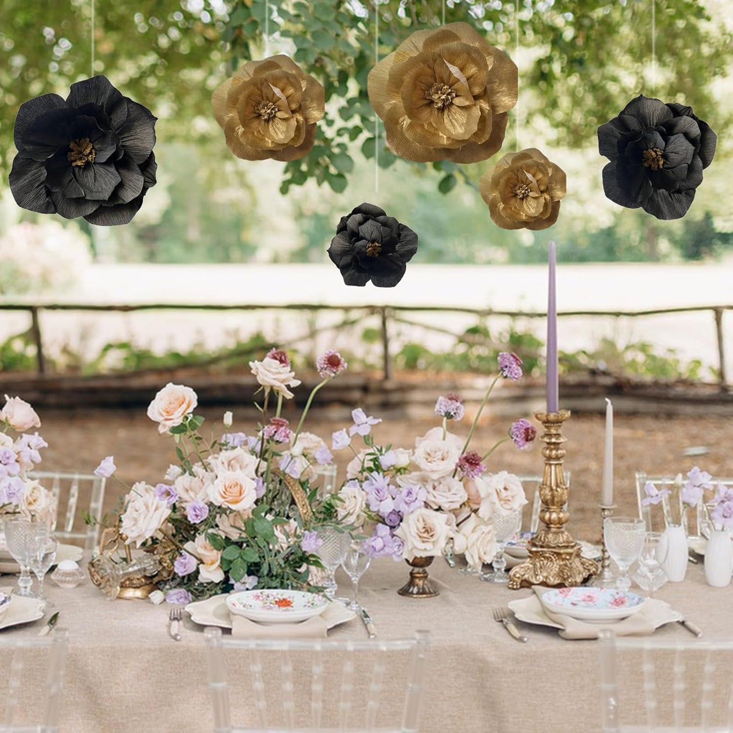 BRT Bearingshui Crepe Paper Flowers Decoration for Wall Total 6 Pcs, Artificial Flowers for Wedding Decor,Flower Backdrop Decor, Baby Bridal Shower Birthday Party, Black Gold 3D Wall Flowers Decor