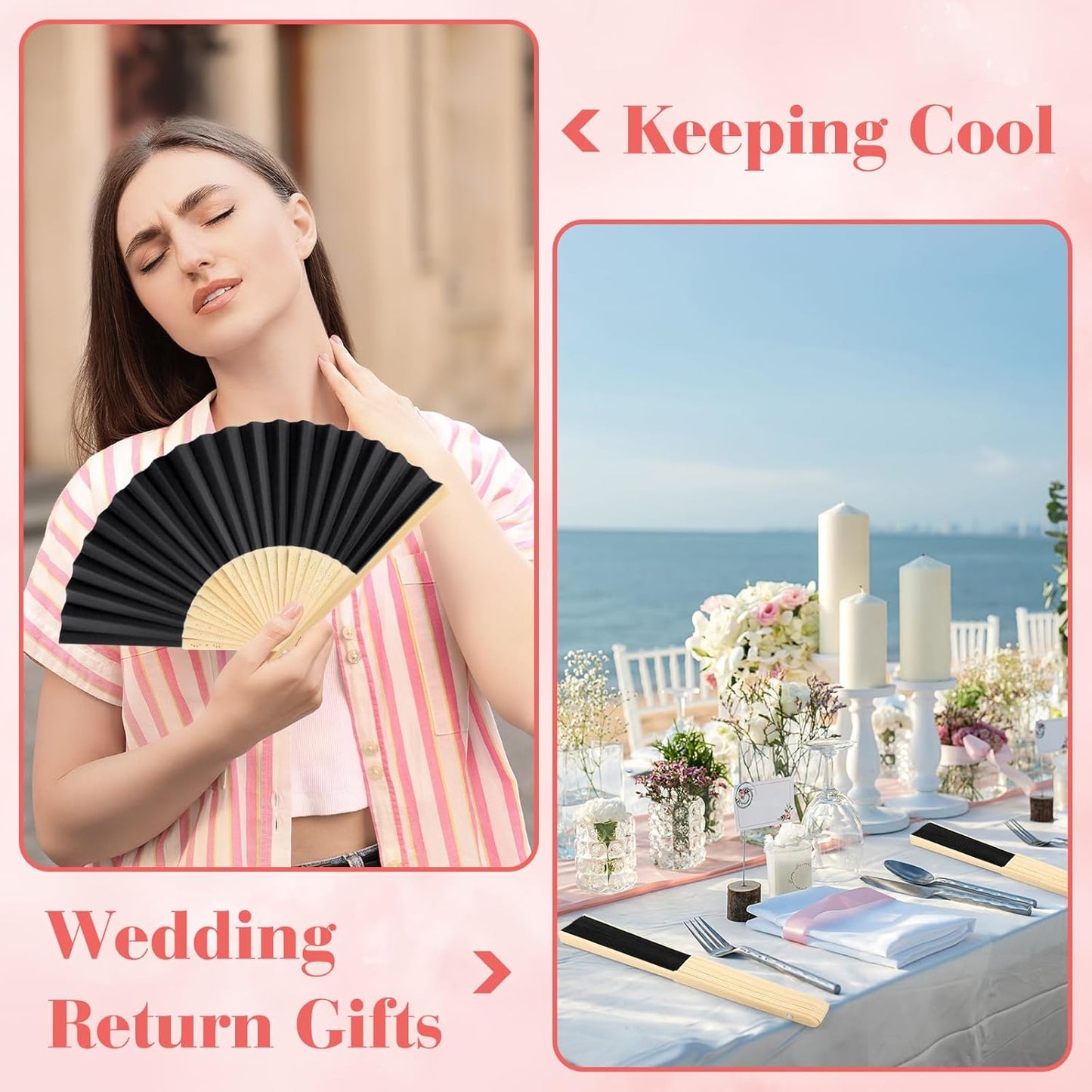 24 Pieces Black Hand Held Bamboo Folding Fans Paper Fans Handheld for Women Foldable Girls Wedding Decoration Church Home Party Favors Summer