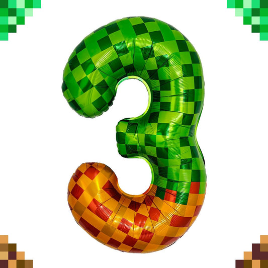 Pixel & TNT Theme 40in Giant Number Balloons - Foil Mylar Birthday Party Decorations for Kids Adults Cumpleaños, Block Style Pixel Art Shape Balloon Decor Supplies (Pixel, Number 3)