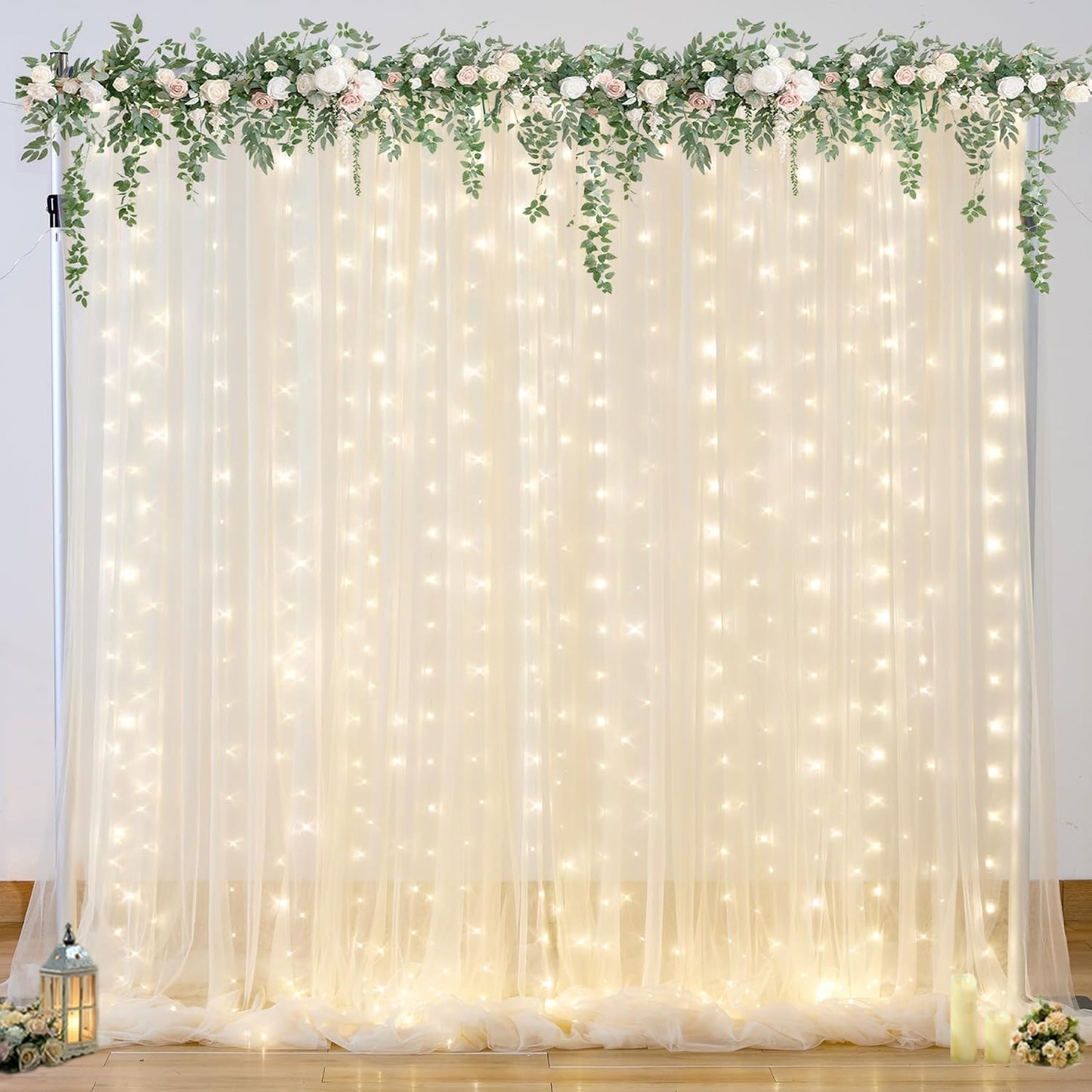 Champagne Tulle Photo Backdrop Curtain with Lights String for Parties Wedding Bridal Shower Sheer Champagne Curtain Backdrop for Birthday Baby Shower Photo Booth Photography 10ft x 8ft
