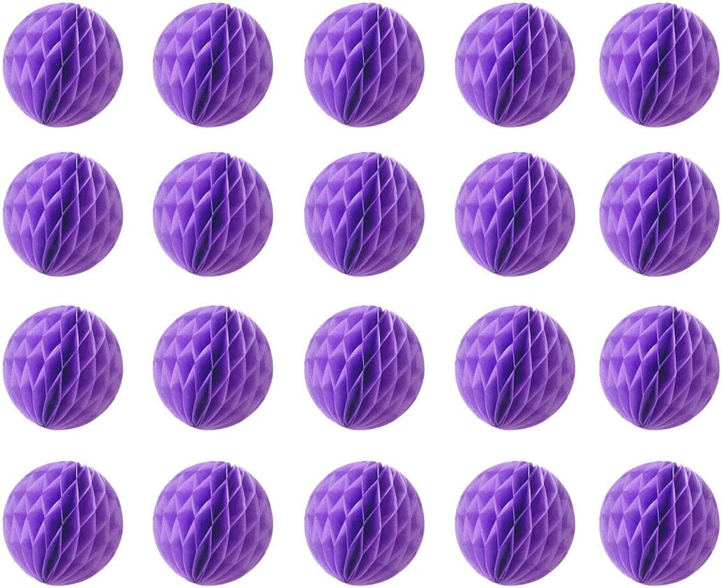 20pcs Honeycomb Flower Balls - Party Decor, Tissue Paper Pom Poms (6inch, Purple)