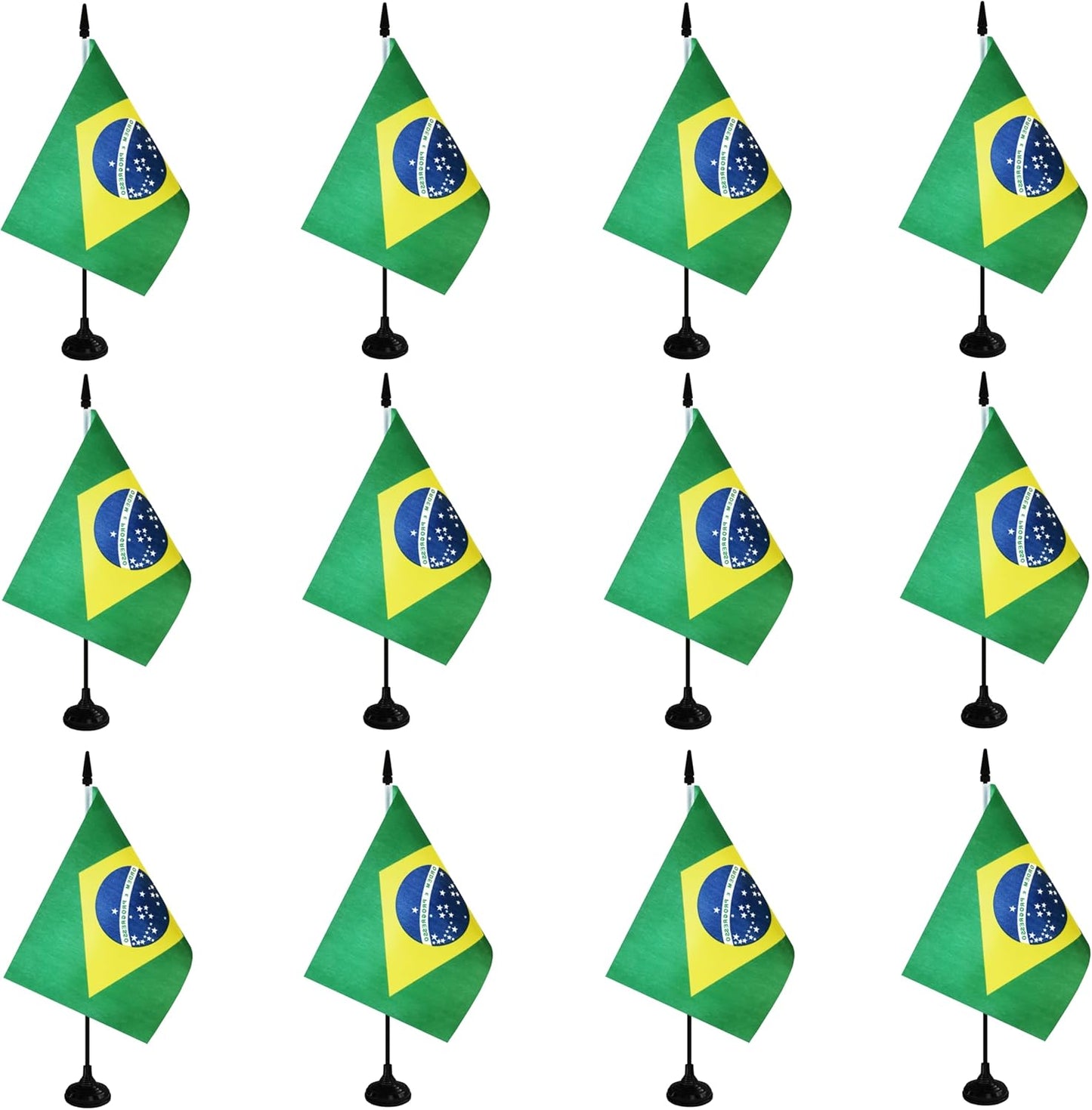 Brazil Desk Flag, 12 Pack Brazilian Table Office Flag with Black Solid Pole and Stand Base, International Country Flag, Festival Celebration, Classroom Meeting Desktop Decor (Brazil)