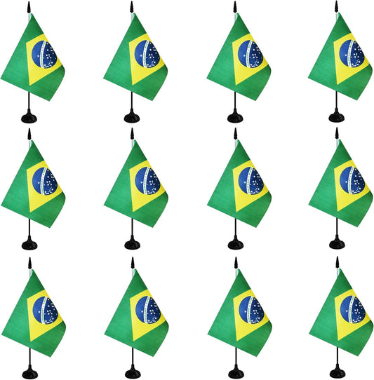 Brazil Desk Flag, 12 Pack Brazilian Table Office Flag with Black Solid Pole and Stand Base, International Country Flag, Festival Celebration, Classroom Meeting Desktop Decor (Brazil)