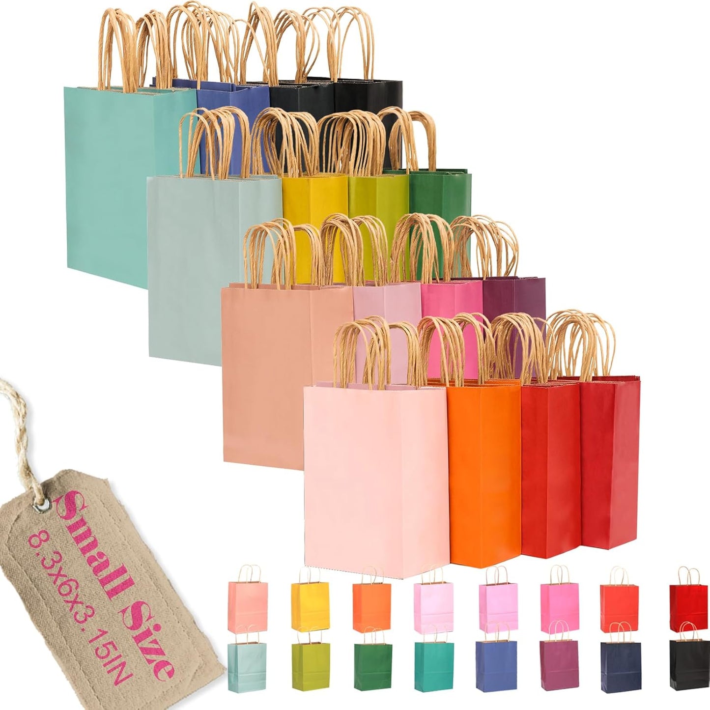 qiqee 100Pcs Small Size Paper Gift Bags with Handles - 8.3"x6"x3.15" Kraft Small Party Bags - 16 Solid Colors