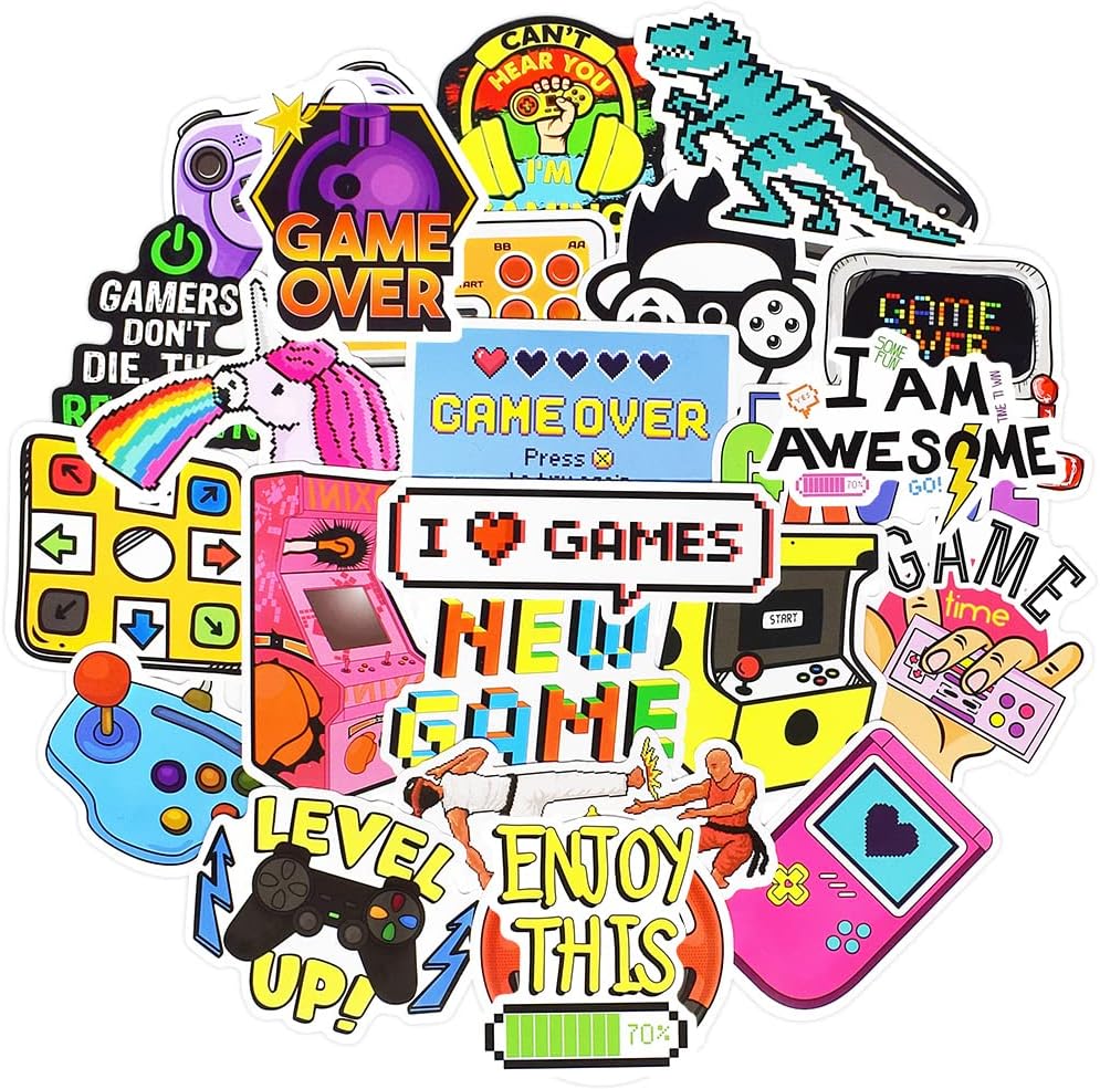 QTL Classic Gaming Stickers for Kids Video Game Stickers for Water Bottles Laptop Gamer Adults Waterproof Vinyl Packs 50Pcs