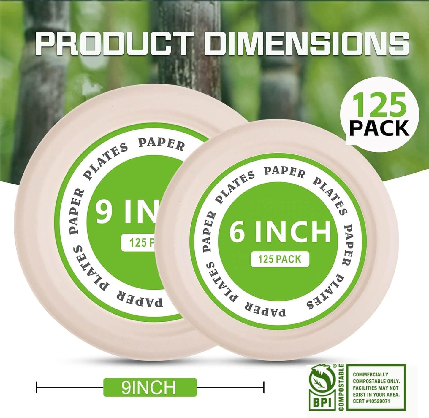 Disposable Paper Plates, 9 inch Heavy Duty Paper Plate, Soak and Cut Proof, Natural Biodegradable Bagasse Plates for Microwave, Dinner, Party, Picnic,125 Pack