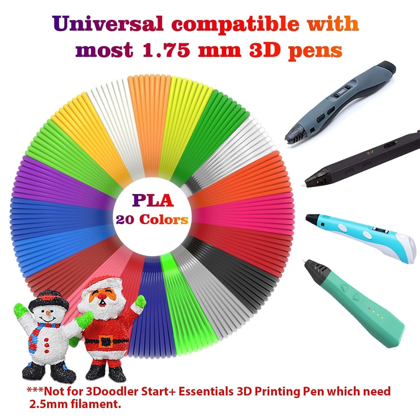 3D Pen Filament 400 Feet 20 Colors, dikale 3D Printing Pen Refills PLA Bonus 250 Stencil eBook, 3D Printer Pen Filament 1.75mm Smooth Printing