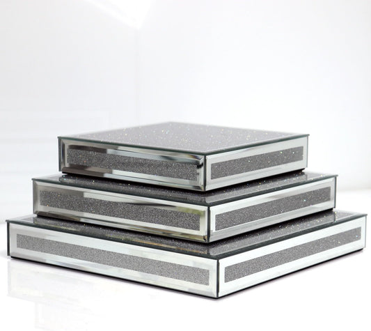 GIMORRTO Mirror Display Riser 3 PC, Glam Accent Table Display Platform for Decorative Pieces, Mirrored Showpeice 3 set, Food Beffer Displayer (Sparkling 3PC)