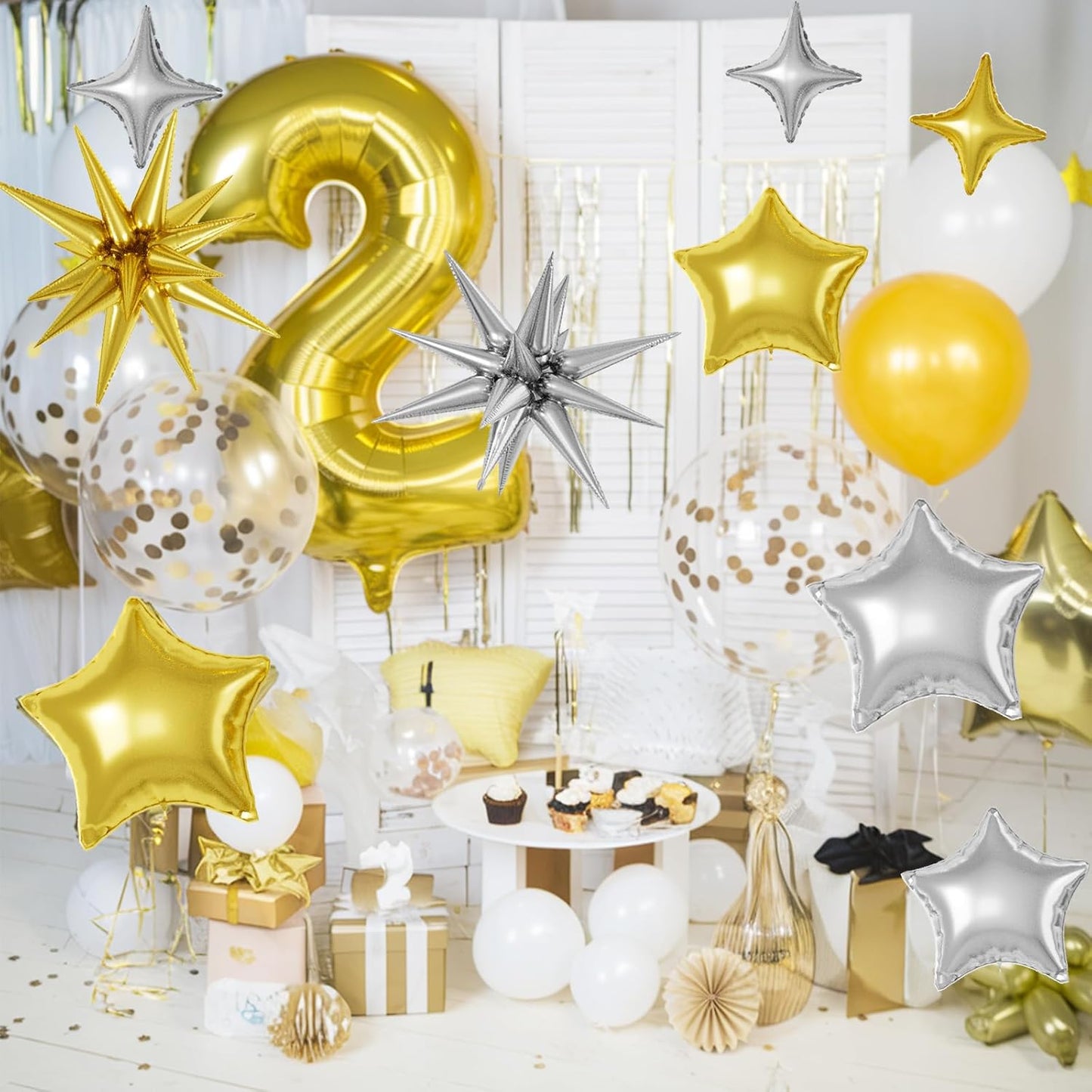 16 Pcs Gold Silver Star Balloons, 22/18/10 Inch Foil Balloons, Four-Pointed Balloon for Kids Men Birthday Graduation Wedding Bridal Baby Shower Party Decorations