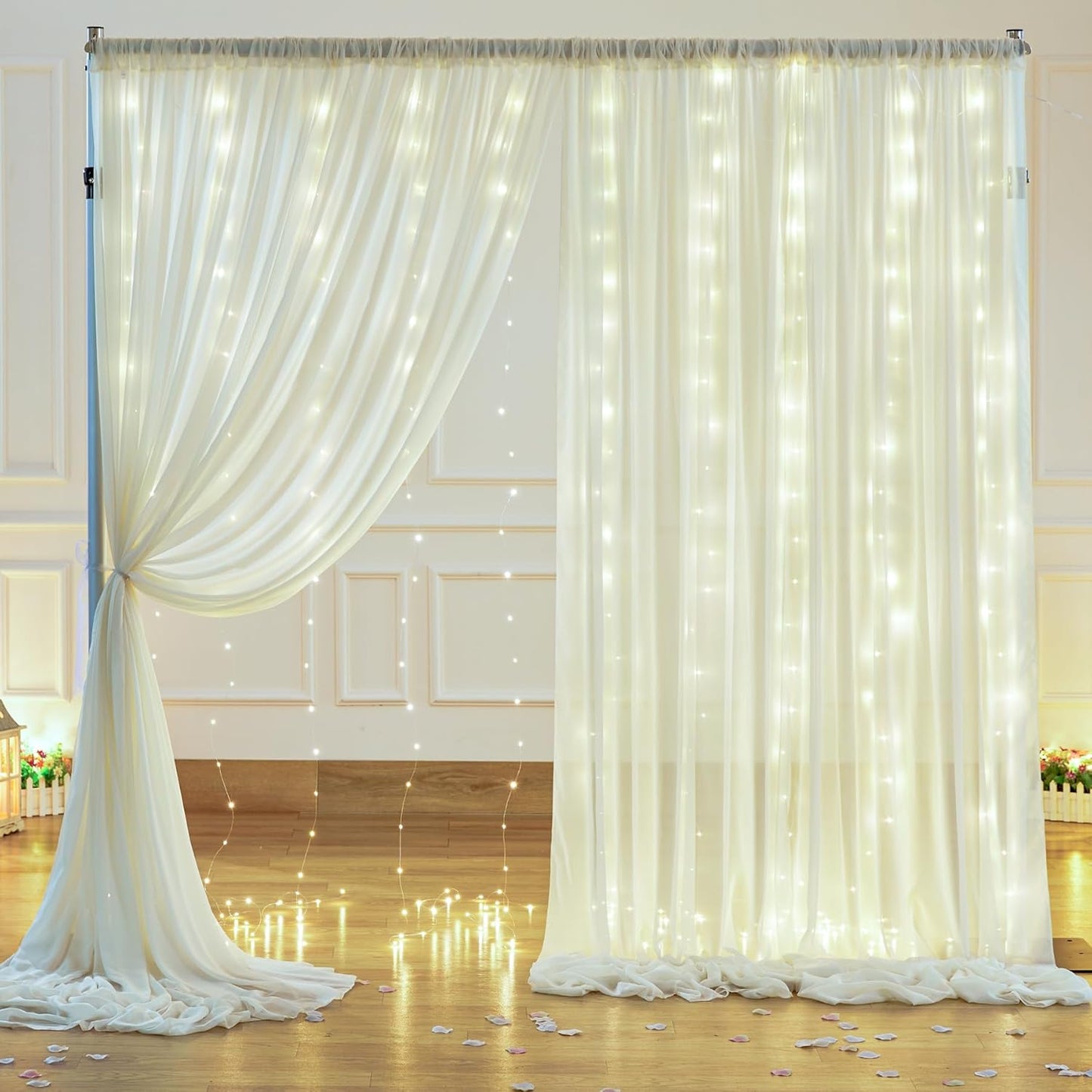 10ft x 10ft Ivory Backdrop Curtain with Lights for Baby Shower, Sheer Backdrop Curtains with Lights for Wedding, Chiffon Light Curtain Backdrops for Birthday Parties Photo Shoot (5x10ft,2 Panels)