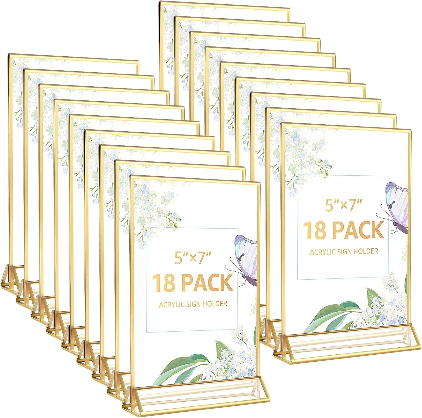 18 Pack Acrylic Sign Holder, 5x7 Inch Double-Side Gold Picture Frames Stands for Display, Vertical Table Top Sign Holders for Wedding, Party, Offices, Table Numbers, Home