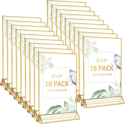 18 Pack Acrylic Sign Holder, 5x7 Inch Double-Side Gold Picture Frames Stands for Display, Vertical Table Top Sign Holders for Wedding, Party, Offices, Table Numbers, Home