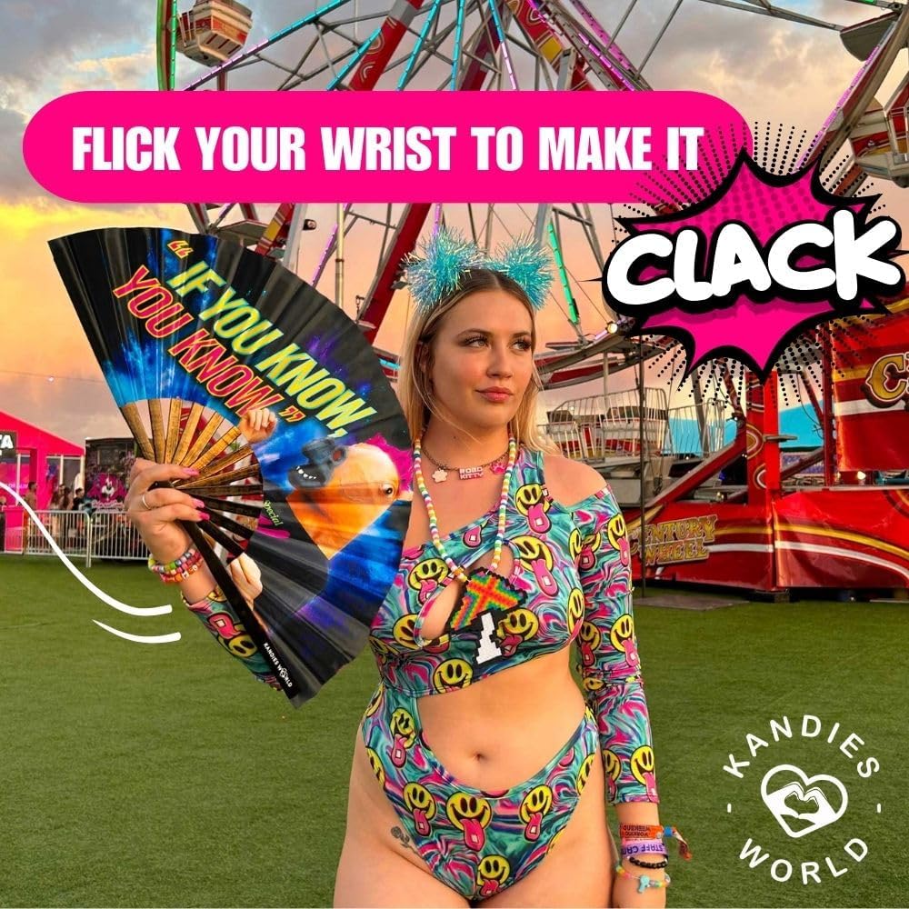 Kandies World Custom Festival Folding Hand Fan - Unique Designs, Made of Bamboo, Clacking Sound, Lightweight - Perfect Rave and Festival Accessory!